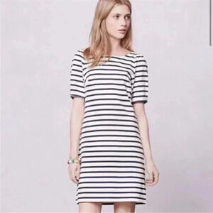 Anthropologie Seersucker Dress Bow Detail Blue and White Stripes Nautical Size S